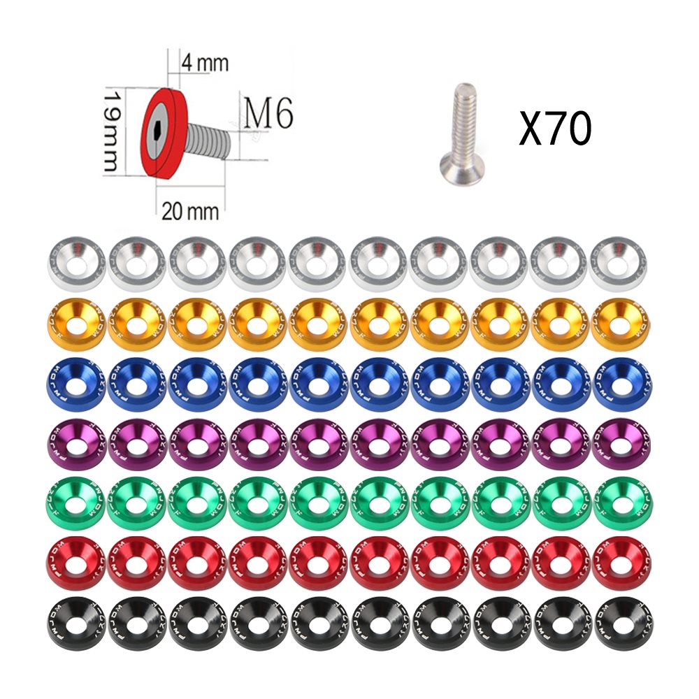 

70pcs 7 Color Mixed Aluminum JDM Fender Washers and M6 Bolt Car Modified Hex Fasteners Fender Washer Bumper Engine Concave Screws