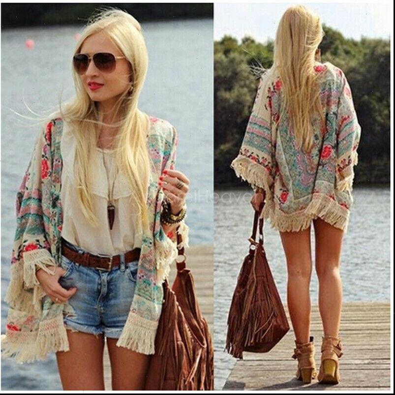 

summer beachwear cover up womens shirts retro boho floral lace cardigan tassel hippie kimono blouse dropshipping, White