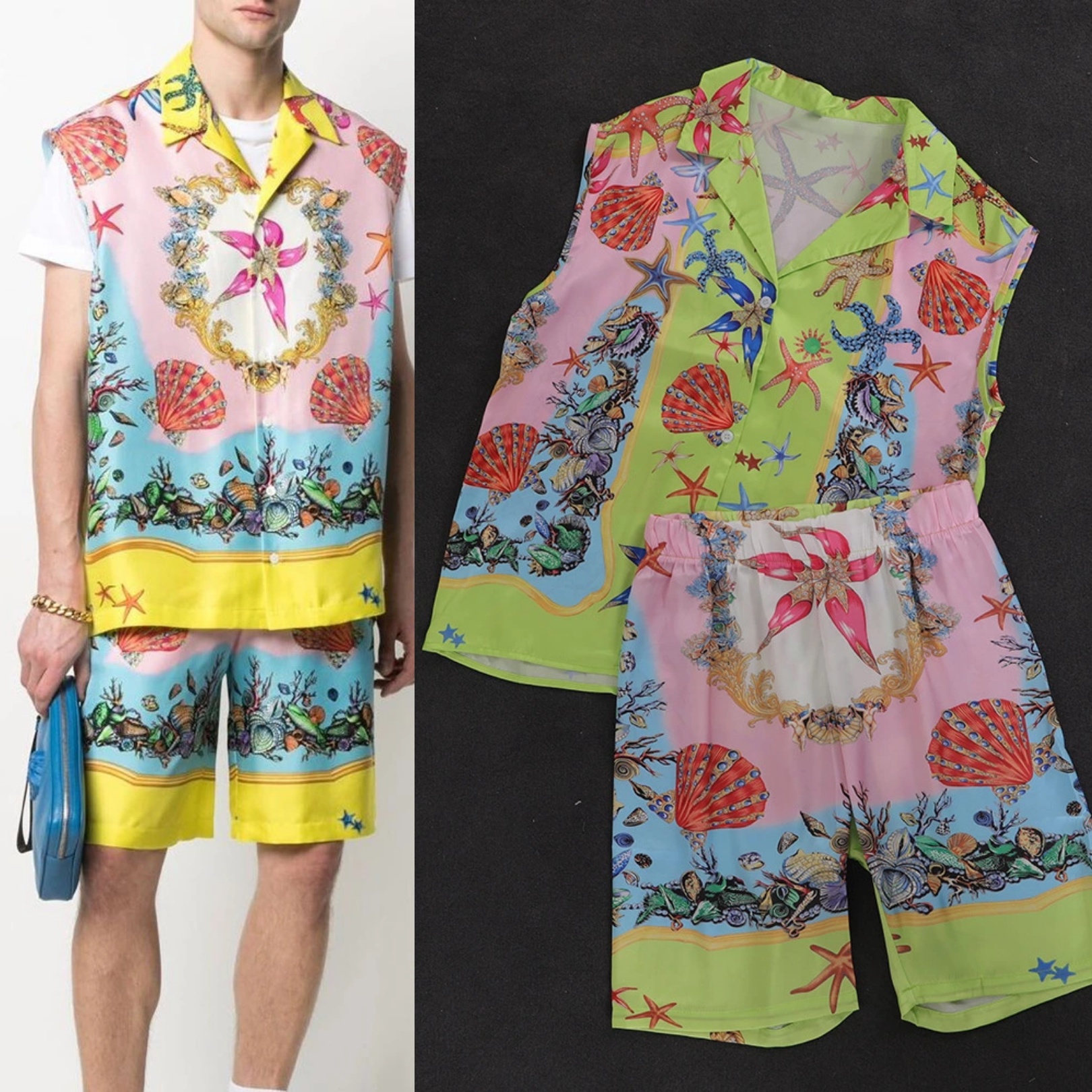 

Baroque palace style men and women couple starfish shell top + shorts suits, Blue and green t-shirt