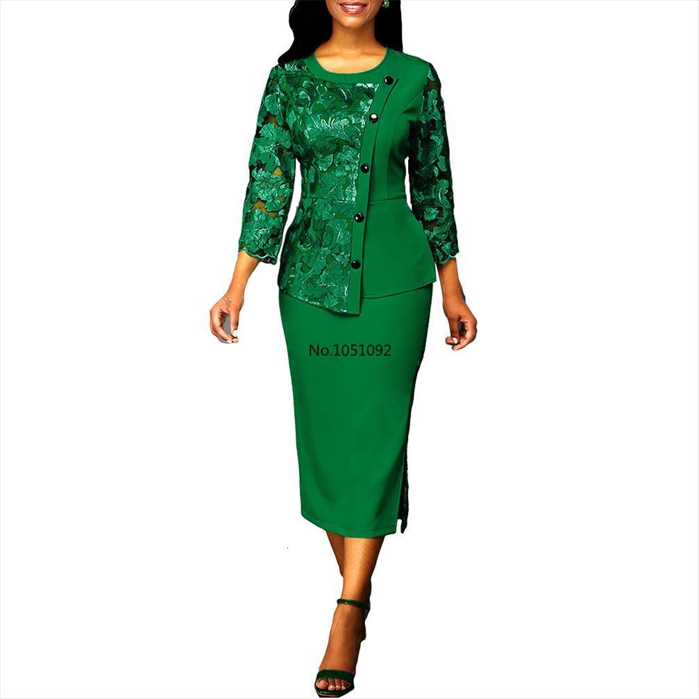 

summer autumn two piece set women tracksuits elegant lace hollow out shirt casual plus size split office bodycon skirts, Gray