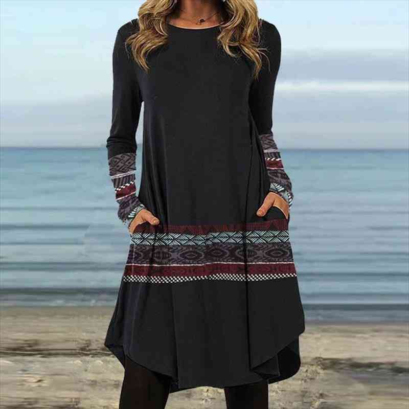 

pattern print patchwork loose casual women dress o neck a-line party autumn winter long sleeve pullover dresses, Black;gray