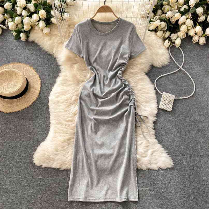 

Short Sleeve T-shirt Dress Women Summer Clothes Solid O-neck Drawstring Ruched High Split Midi Casual Streetwear 210603, Khaki