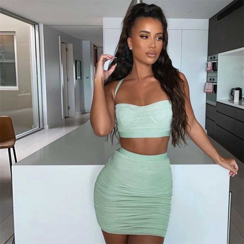 

Women Sexy Mesh Suspende Short Vest High Elastic Waist Skirt Slim Two Piece Set Fashion Spring Summer 11B099 210525, Light blue