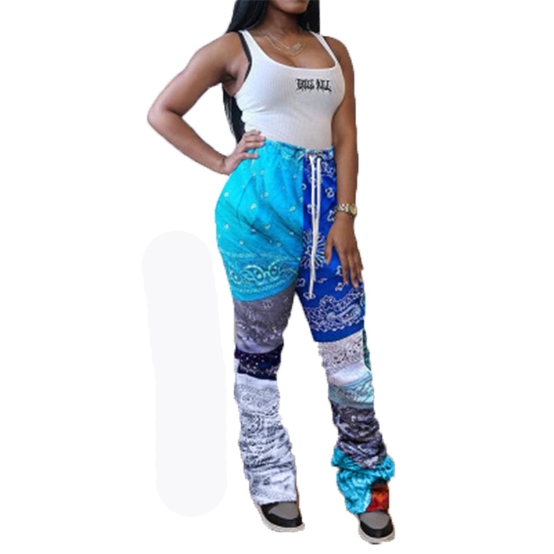 

Winter Cotton Blends Lady Elastic Waist Drawstring Sweatpant Plus Size Print Patchwork Stacked Pants Femme Pantalon Taille Haute 210604, Blue