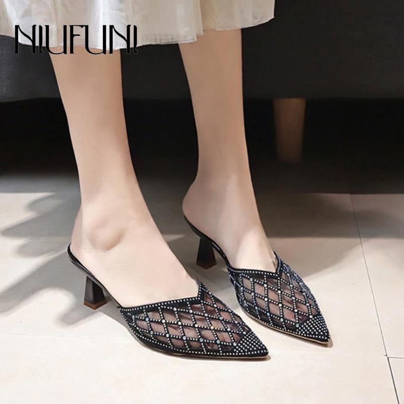 

Slippers Women's Black Sexy Mesh Rhinestone Breathable Sandals Summer Pointed Toe Hollow High Heels Casual Women Shoes Slides