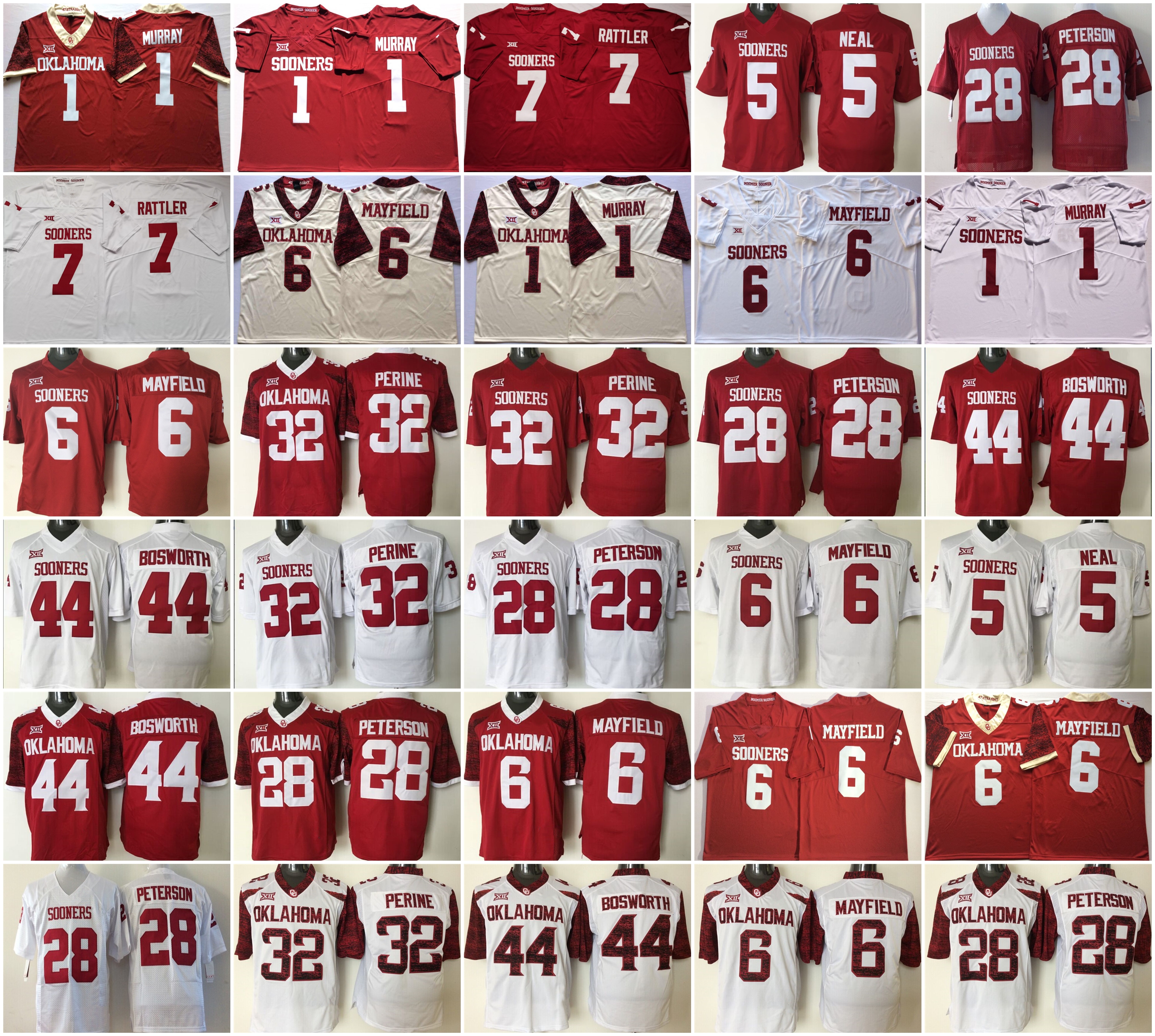

2021 NCAA America Football Jersey Oklahoma Sooners Jerseys 6 Baker Mayfield 1 Kyler Murray 7 Spencer Rattler 28 Adrian Peterson 32 Samaje Perine White Color Stitched, As photo