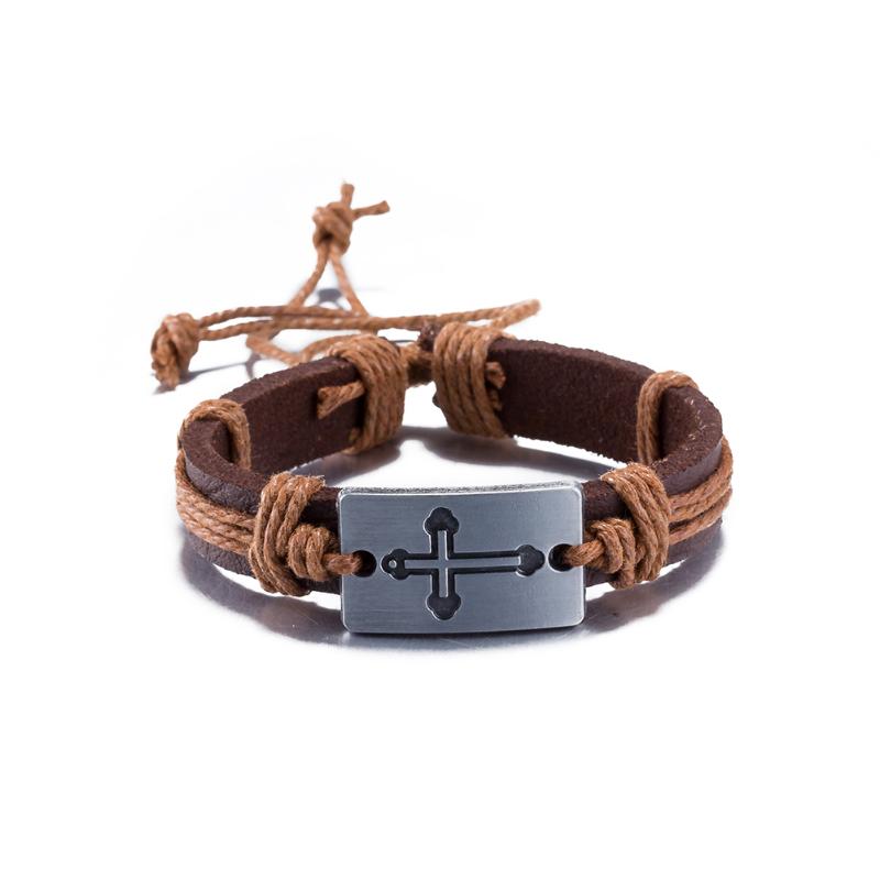 

Retro Style Carved Cross Leather Bracelet Light Brown Adjustable Neutral Religious Faith Jewelry Birthday Gift Charm Bracelets