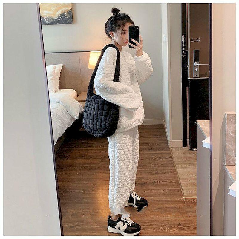 

Women's Two Piece Pants 2021 Autumn Winter Street Casual Temperament Sets Woman Set Suit Solid Color Long Sleeved Trousers Sweatshirt Sports, White