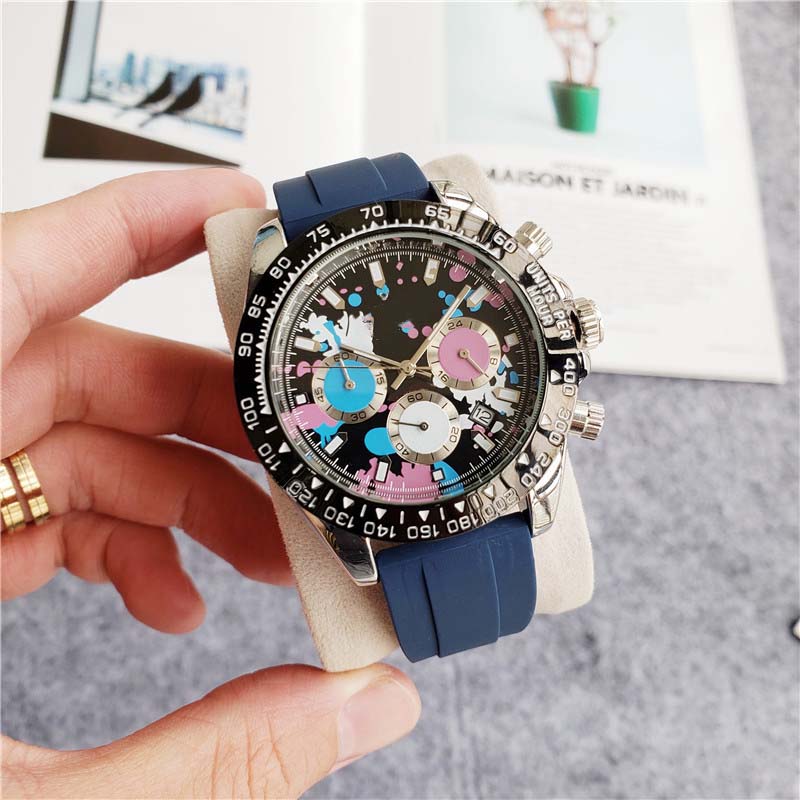 

Wholesale Fashion Men Design Watch 16 Color Stainless Steel All Dial Work Chrono Function Quartz Movement Rubber Strap Wristwatch Watch, Slivery;brown