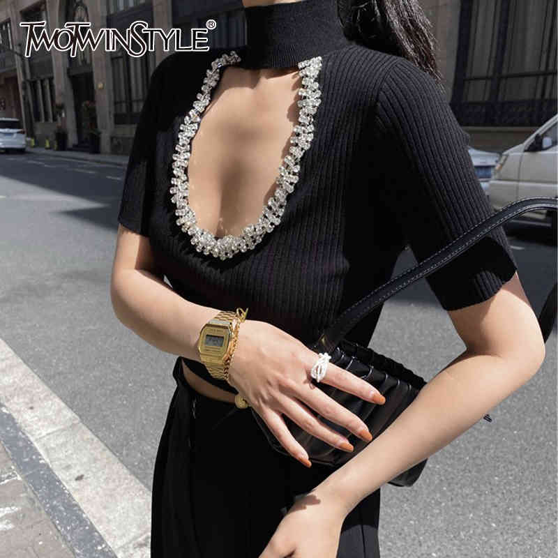 

TWOWINSYLE Black Patchwork Diamond Shirt For Women urtleneck Short Sleeve Casual Slim Shirts Female Korean Summer Fashion 210524