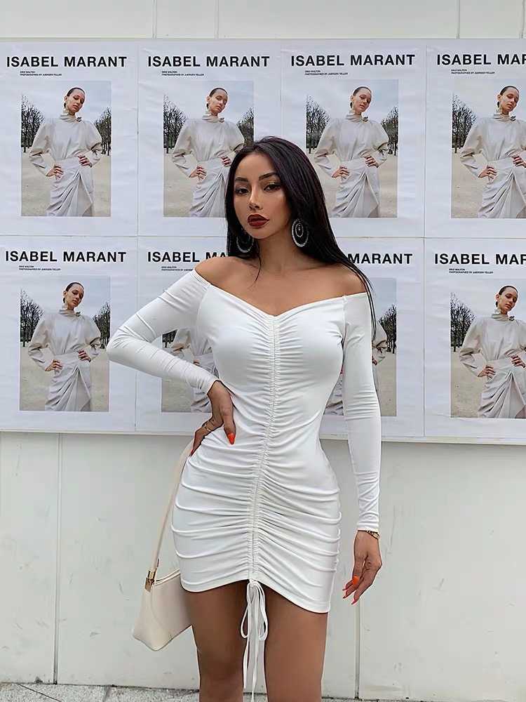 

High waWist Mini Dress For Women Sexy Bodycon Long Sleeve Vestidos Club Outfits Party es White 210604, Black