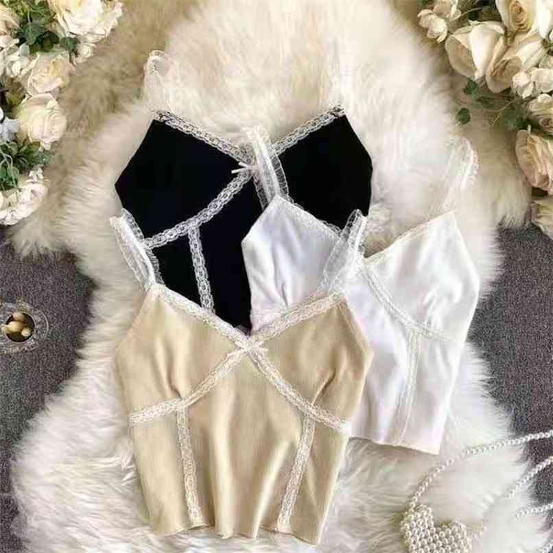 

Lace camisole women are fashionable outside wear all-match high-waist short bottoming shirt with top in trendy women's clothing 210520, Apricot