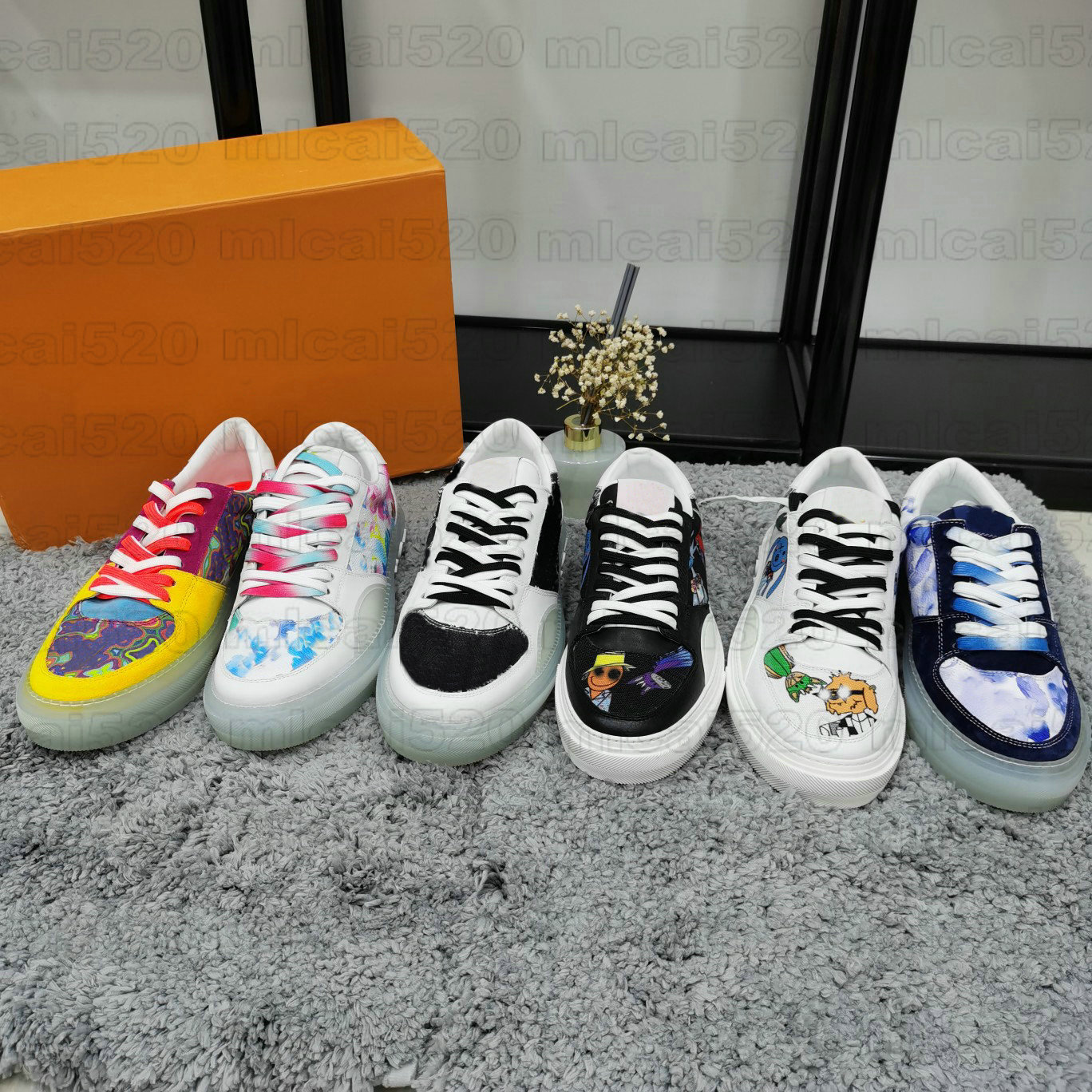 

Men OLLIE Sneaker Multicolor Casual Skate Shoes Watercolor Flower Leather Double Laces Colorful Tie-Dye Luxurys Designer Sneakers Jacquard Textile Damier, Others