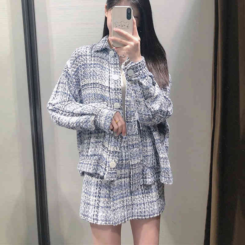 

Women's Small Fragrance Style Jacket Single-Breasted Plaid Texture Tweed Shirt Loose Lapel Pocket Buttons Spring 210521, Blue