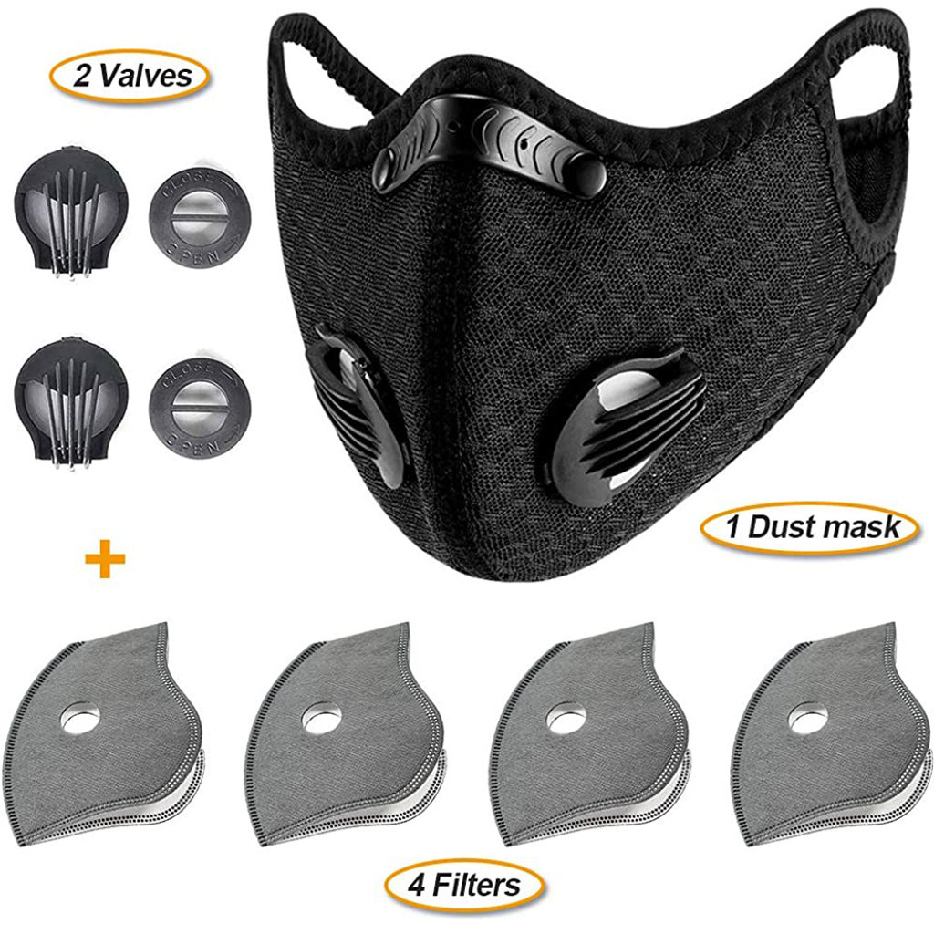 

Sport Respiratory Mask for Men Black Dustproof Breathable Reusable with 4pc Pm2.5 Filters 2 Sets Valves No Decoration