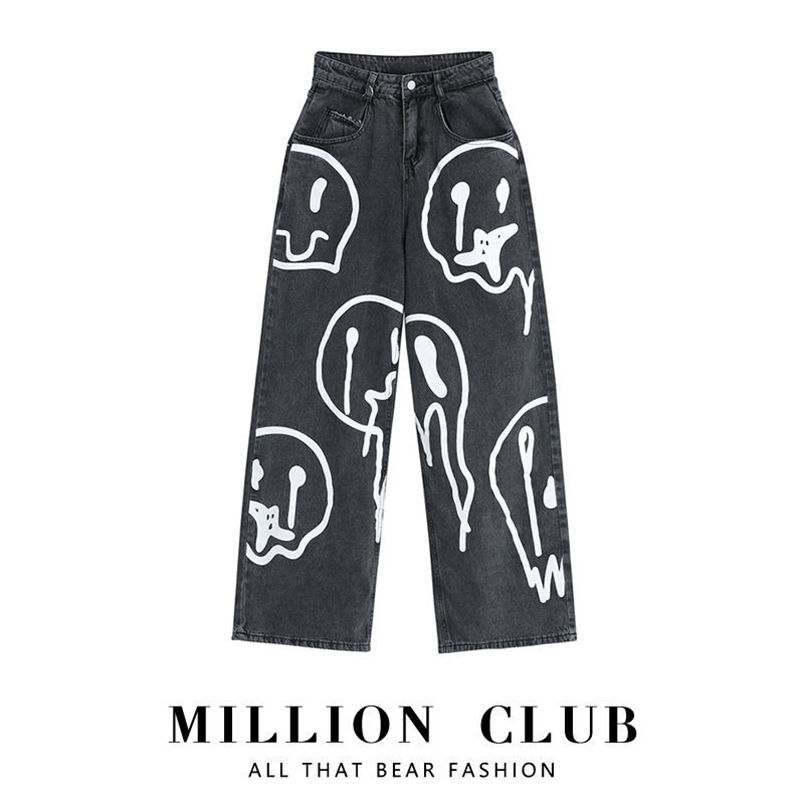 

Graffiti printed jeans men and women spring autumn couple models lazy loose wide leg pants ins net red trend sale 210708, Dark gray