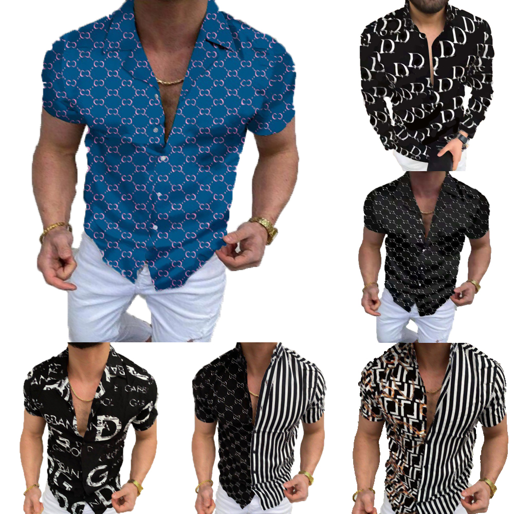 

16color Summer Designer Letters Printed Cardigan Men Shirt Vintage Hawaii Short Sleeve Lapel Neck Button Shirt Tops Slim Casual Business Clothes Size M-3XL, Black