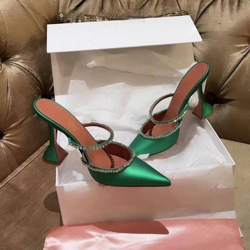 

Slippers Korean Style Half-drag Women's Shoes With Fashionable Sparkling Rhinestone Satin Wine Glasses And Baotou, Green(9cm)