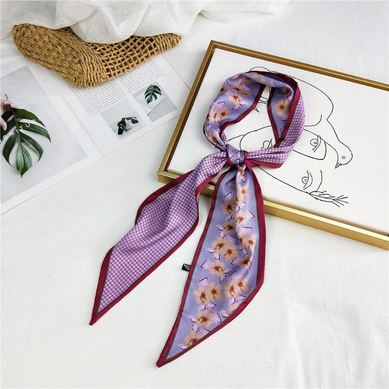 

Scarves Women Color Bag Decoration Long Neck Tie Headband Narrow Satin Hair Neckerchief Skinny Silk Small Scarf With Twill Hem SJ206
