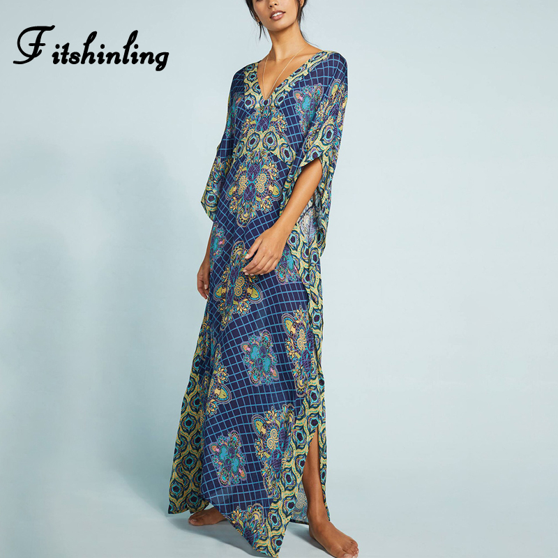 

Fitshinling ethnic vintage long dress women side slit slim straight maxi dresses beachwear holiday print floral loose gown sale
