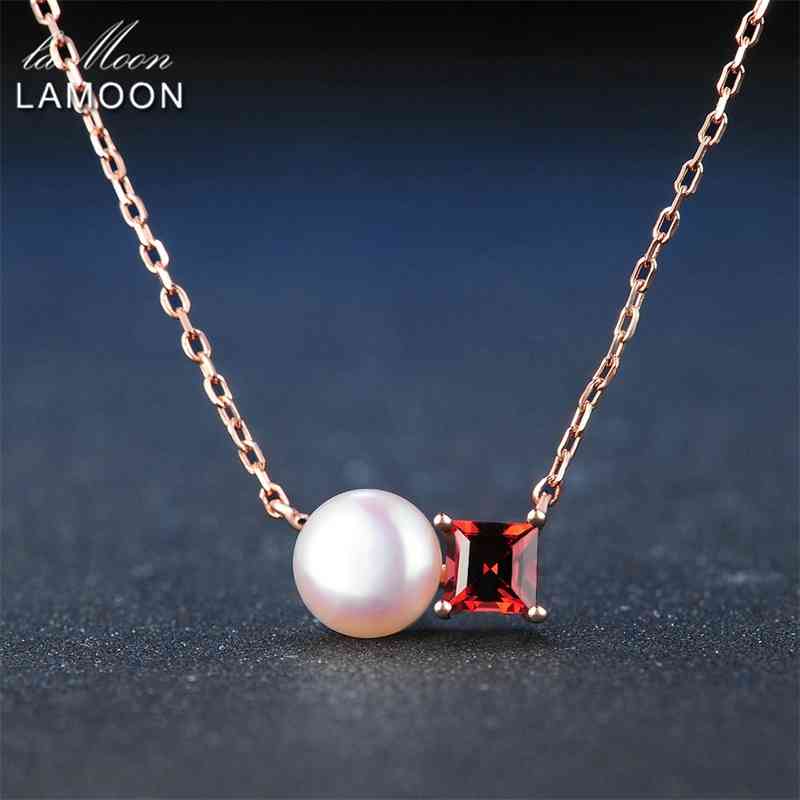 

LAMOON Freshwater Pearl Necklace For Women 925 Sterling Silver Jewelry Garnet Gemstone Pendant 18K Rose Gold Plated LMNI054