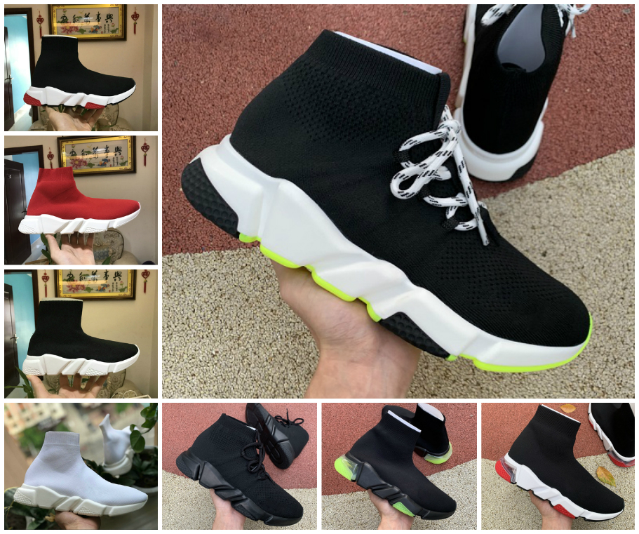 

2022 Knit Sock Shoes Speed Trainer Men Lace Up Black Yellow Women Sneakers Triple White Red Beige Pink Clearsole mens fashion casual tennis shoe jogging walking, Bubble package bag