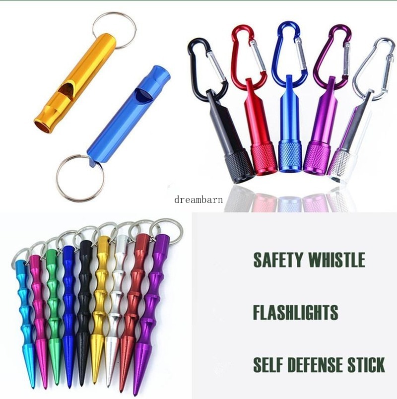 

2021 Portable Self Defense Stick LED Flashlight Emergency Survival Safety Whistle Keychain Self-defense Pendant Gifts Wholesale