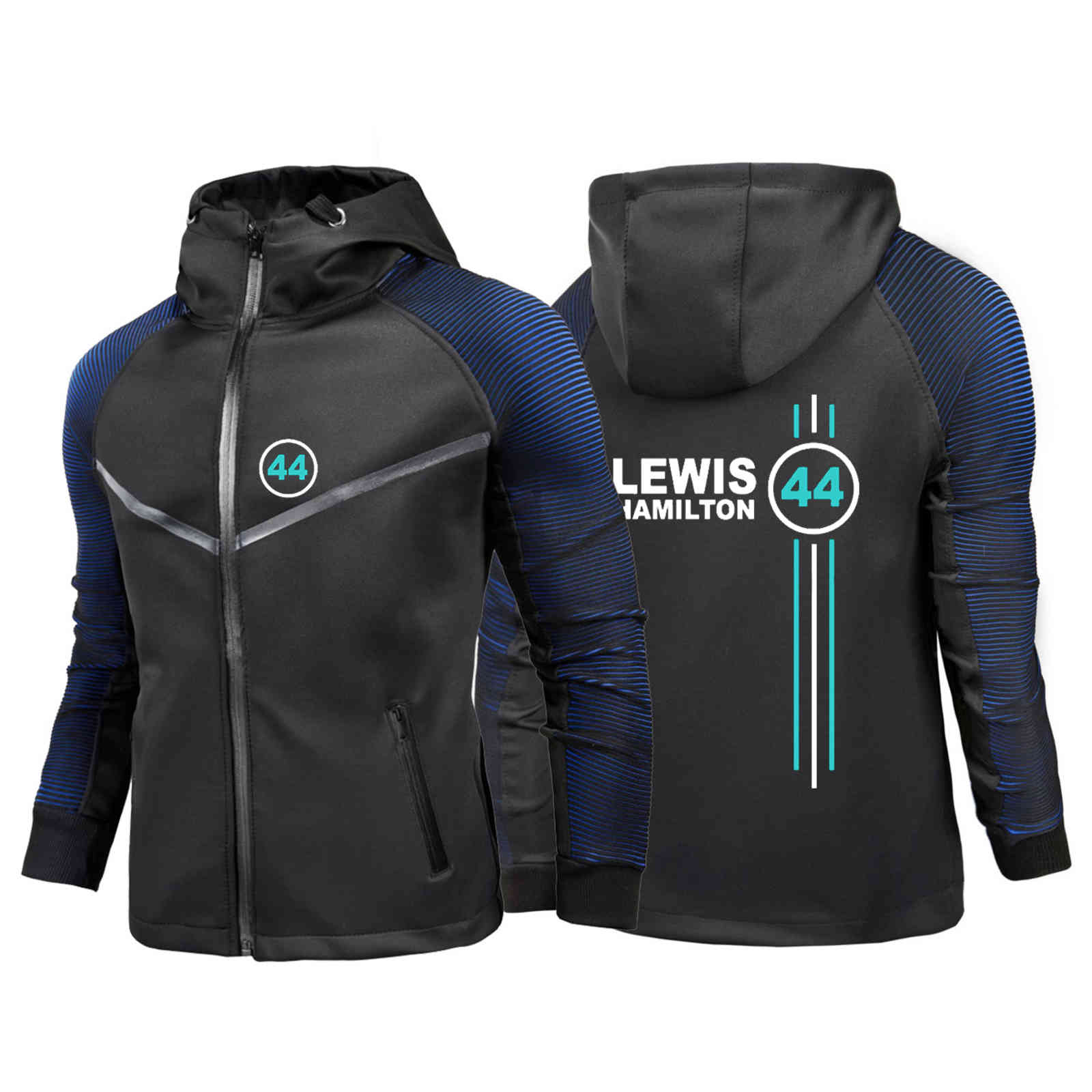 

F1 Driver Lewis Hamilton Digital 44 Mens Racing Suit Jacket Casual Personality Gradient Waterproof Print Coat Motorbike, Black