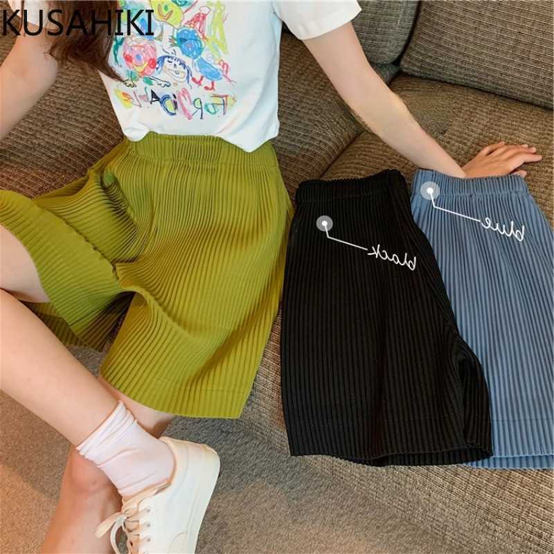 

Korean Pleated Woman Shorts Causal Stretch High Waisted Bottoms Summer Solid Short Pantalones De Mujer 6H406 210603, Green