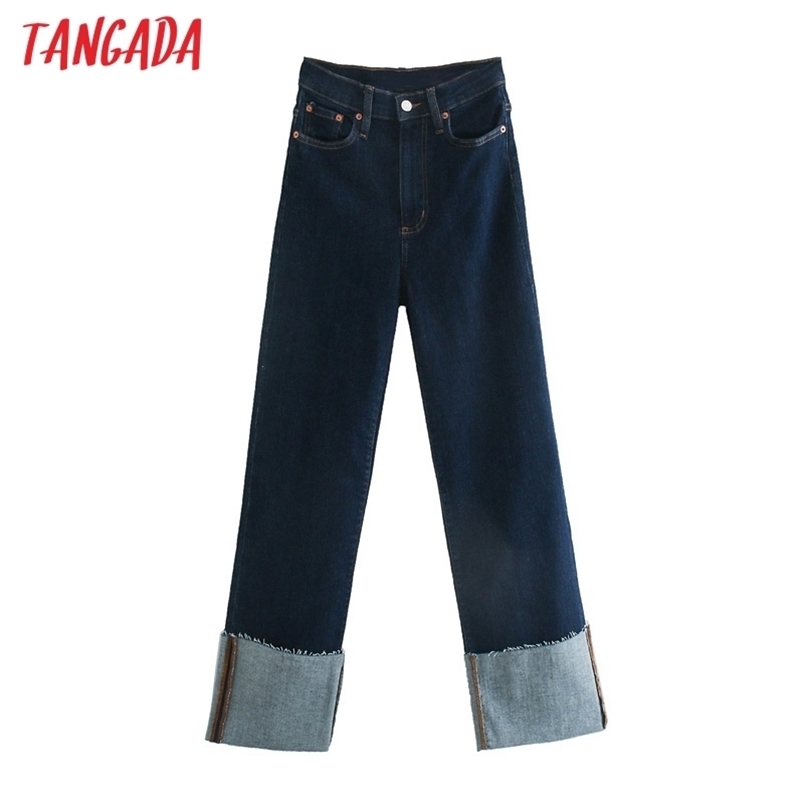 

Tangada fashion women high waist wide leg jeans pants long trousers pockets buttons female 3H13 210708, Dark blue