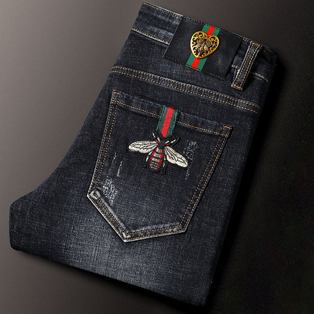 

Luxury Designer Brand Men's Stretch Jeans 2021 Man Classic Fashion Bee Embroidery Print Slim Fit Ripped Casual Long Pants, Plastic bag