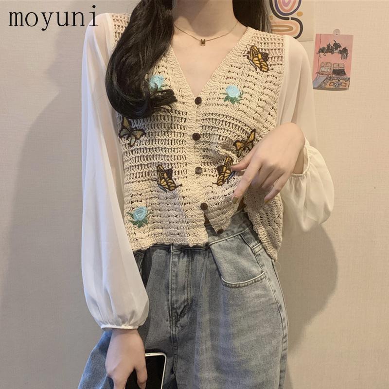 

Women's Blouses & Shirts Chiffon Shirt Short Top For Women 2021 Spring And Summer Gentle Long Sleeve Butterfly Flower Embroidered Sweaters H, Apricot