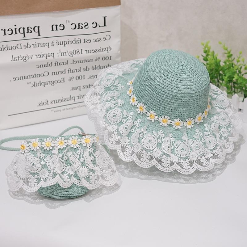

Wide Brim Hats Kids Lace Girl Big Grass Woven Sunscreen Beach Hat Colorful Pompom Summer Floppy Bucket Lid Portable Handbag, Blue;gray