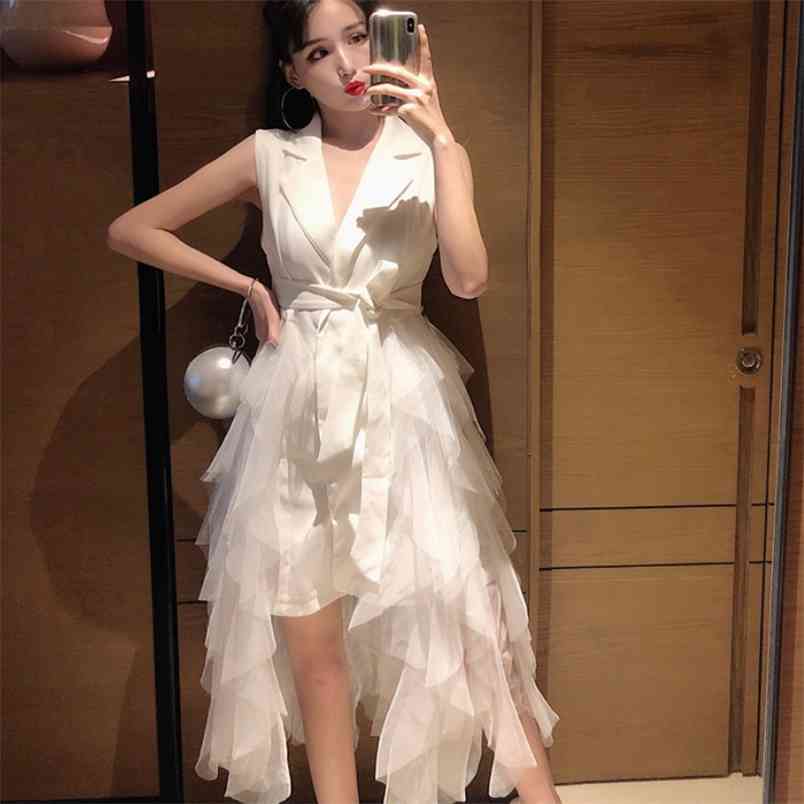 

Summer Temperament Fashion Notched Collar Vintage Dress Female Splicing Mesh Sleeveless Vest Irregular 210519, Black