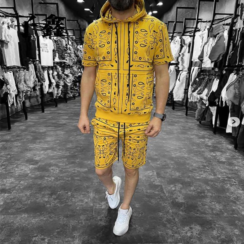 

Summer short sleeve 3XL plus size hoodie tracksuit casual men' trendy shorts sports printed suit set, Black