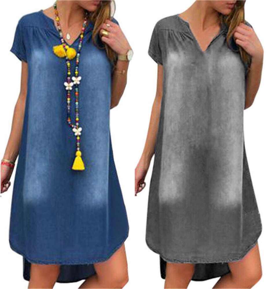 

Summer V-neck Pullover short sleeve denim dress, Black;gray