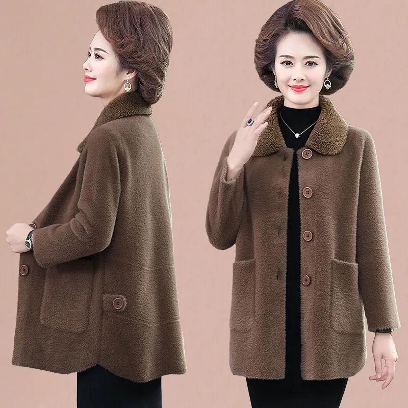 

Women's Fur & Faux Spring Autumn And Winter Clothes Long Mink Coat Middle-Aged Mother's Warm Thick Woolen Button Plus Size 6XL, Black