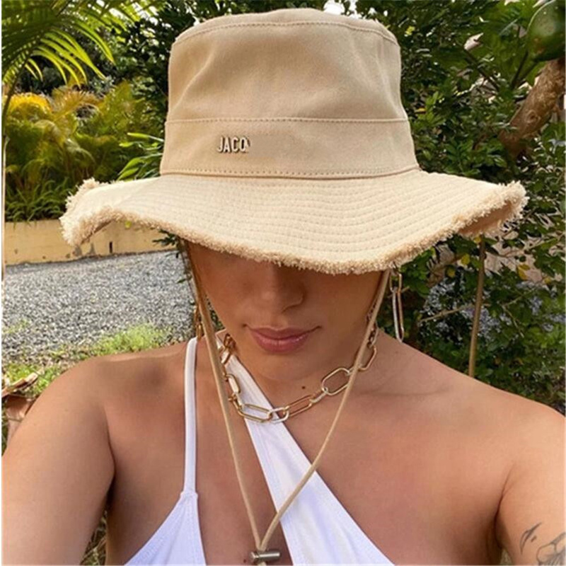 

Summer Women's Bucket Hats Raw Edges Canvas Drawstring Women Sun Hat Khaki
