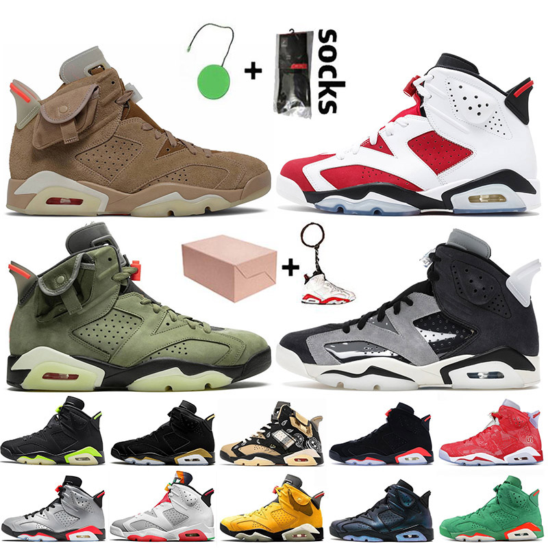 

With Box Travis Scotts Jumpman 6 Mens Basketball Shoes 2021 British Khaki 6s Carmine Sneakers Retro Tech Chrome Electric Green Hare Infrared Trainers