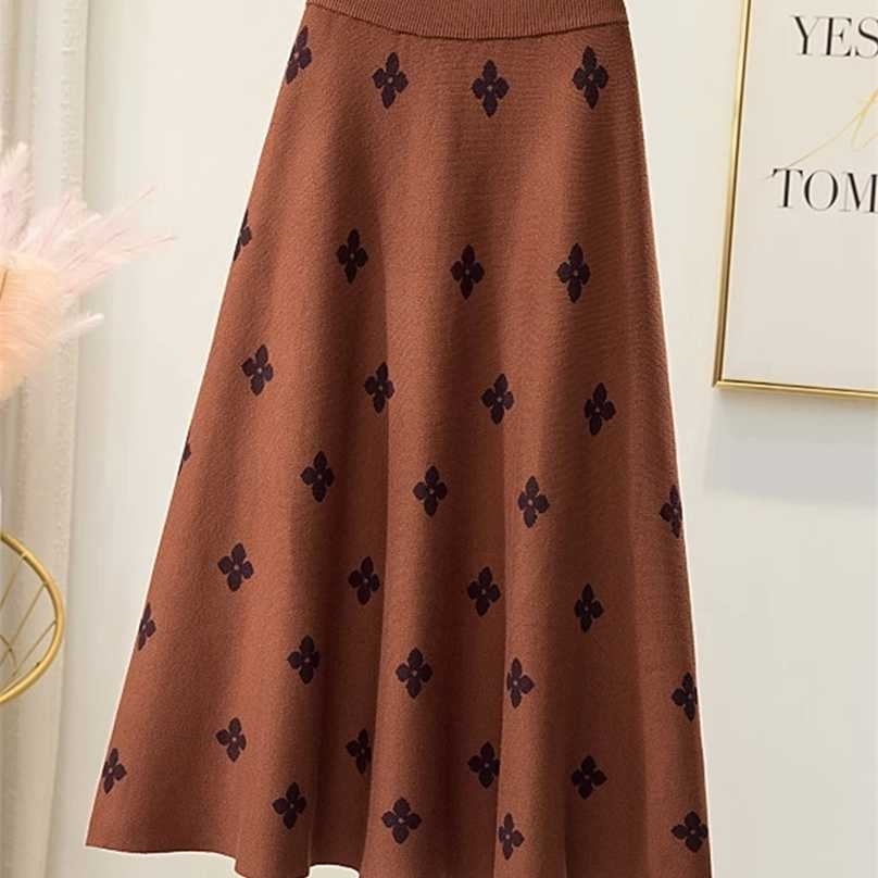 

TIGENA Women Knitted Midi Skirt with Floral Print Fall Winter Vintage Casual A Line High Waist Long Female Lady 211109, Blue