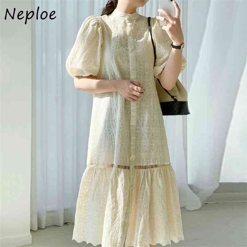 Heavy Work Lace Embroidery Dress Women High Waist Hip A Line Long Vestidos Lantern Short Sleeve Solid Robe Spring 210422Z