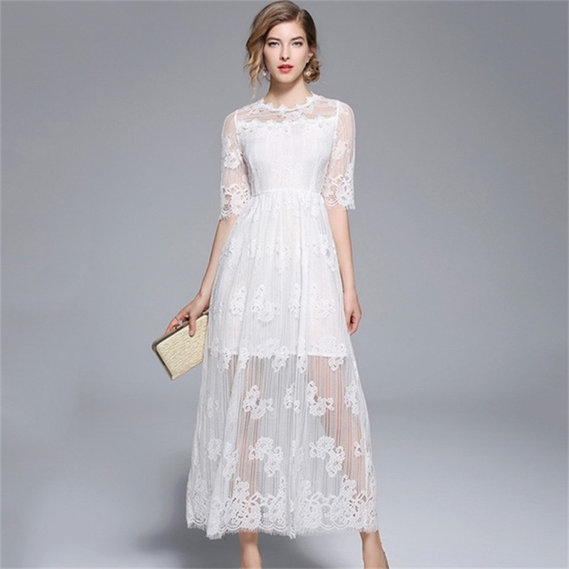 

White Long Lace Dress Fashion Womens Short Sleeve O-Neck Hollow Out Casual Slim Work Office Party Vintage Vestido 210603, Picture color