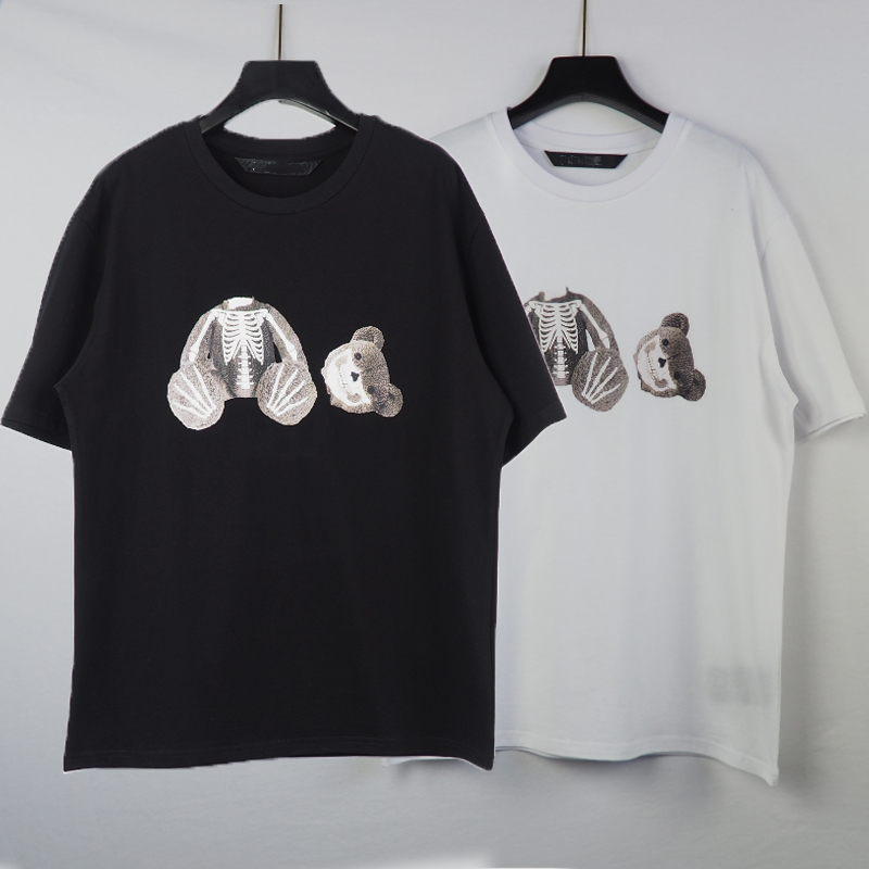 

Skull guillotine bear print T shirt summer high street casual cotton round neck short sleeve men and women, White
