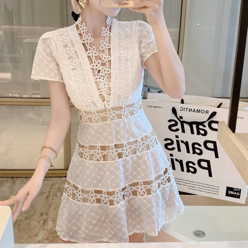 

Vintage White Flower Lace Mini Dress Summer Women Sexy V-Neck Short Sleeve Slim Waist Mini Dress Vestidos 210518, Photo color