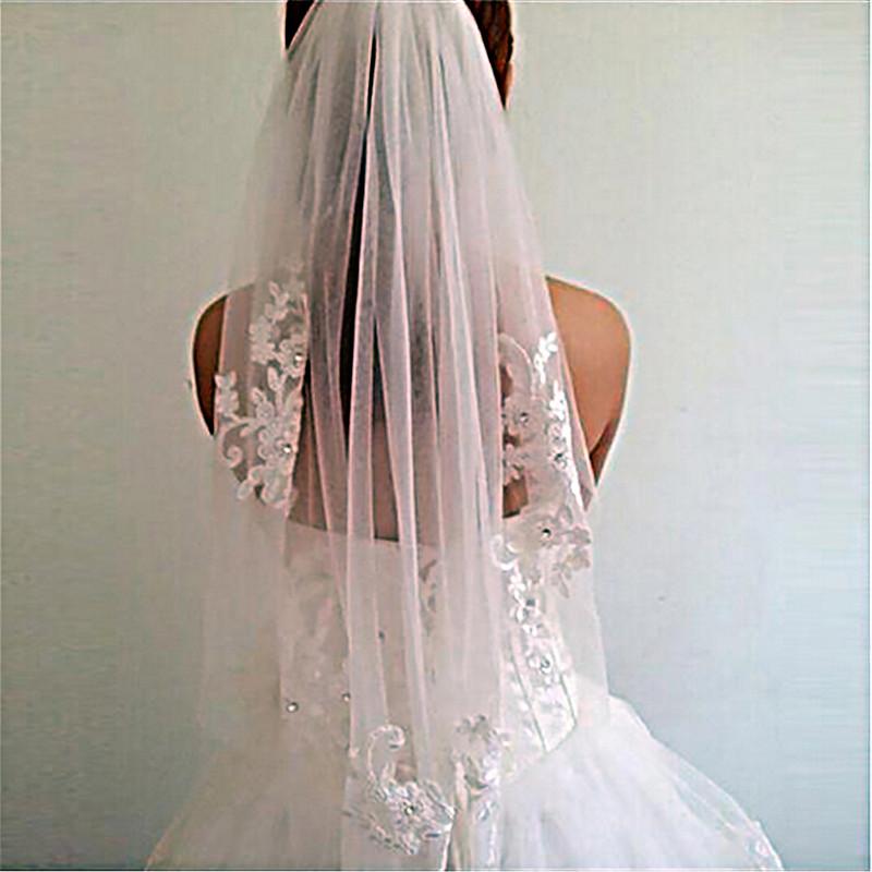 

Bridal Veils White Ivory Short One Layer Fingertip Length Rhinestone Appliqued Wedding Veil With Comb