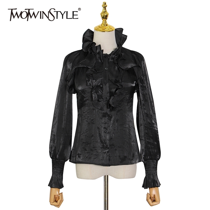 

Casual Patchwork Ruffle Blouse Female Stand Collar Lantern Long Sleeve Black Shirt For Women Fashion Clothing 210524, White