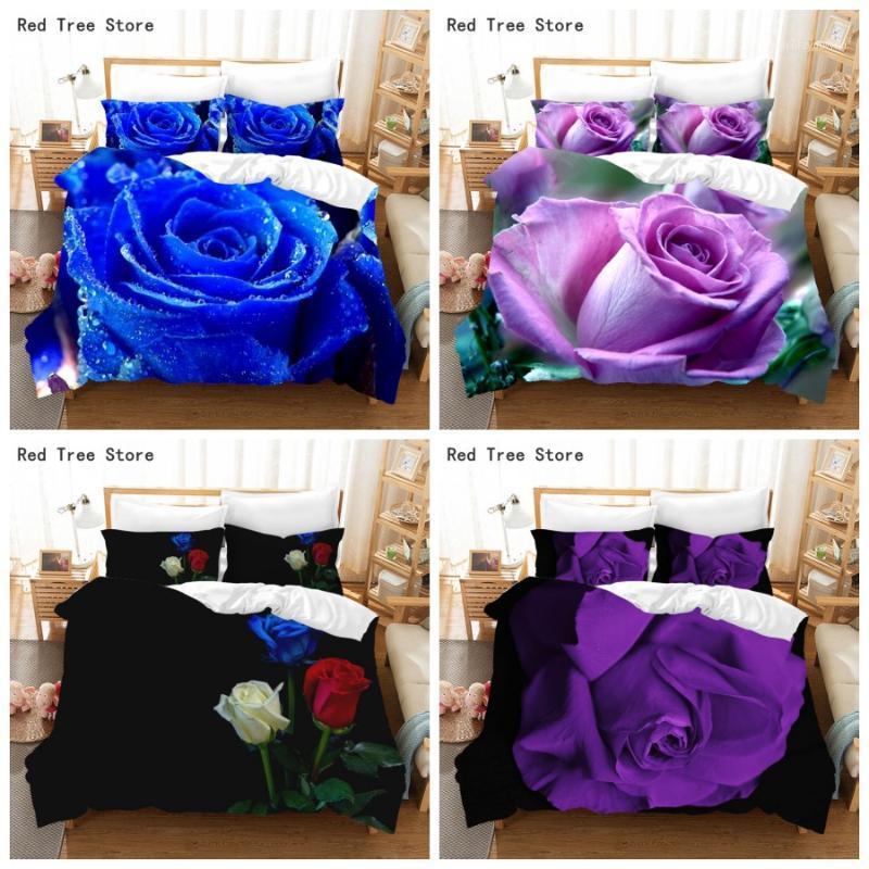 

Bedding Sets Luxury Blue Purple Rose Printed Set 3D Flowers Pattern Duvet Cover Bedspread 220x240 King  Size For Adult Couples