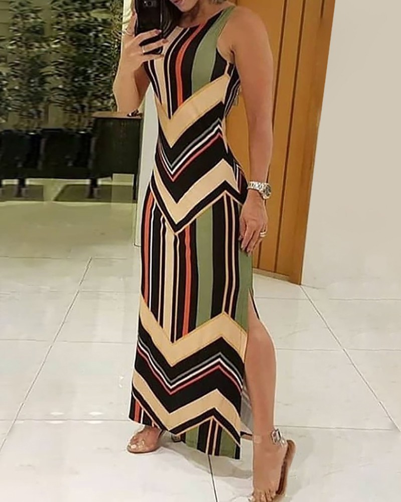 

2021colorful striped print side slit maxi dress women colorblock sleeveless slim long dresses, Black;gray