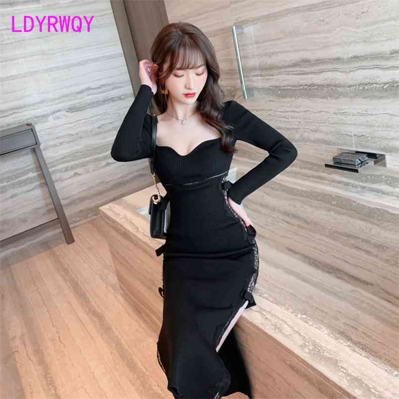 

European and American women's design V-neck slim knit dress Office Lady Polyester 210603, Black