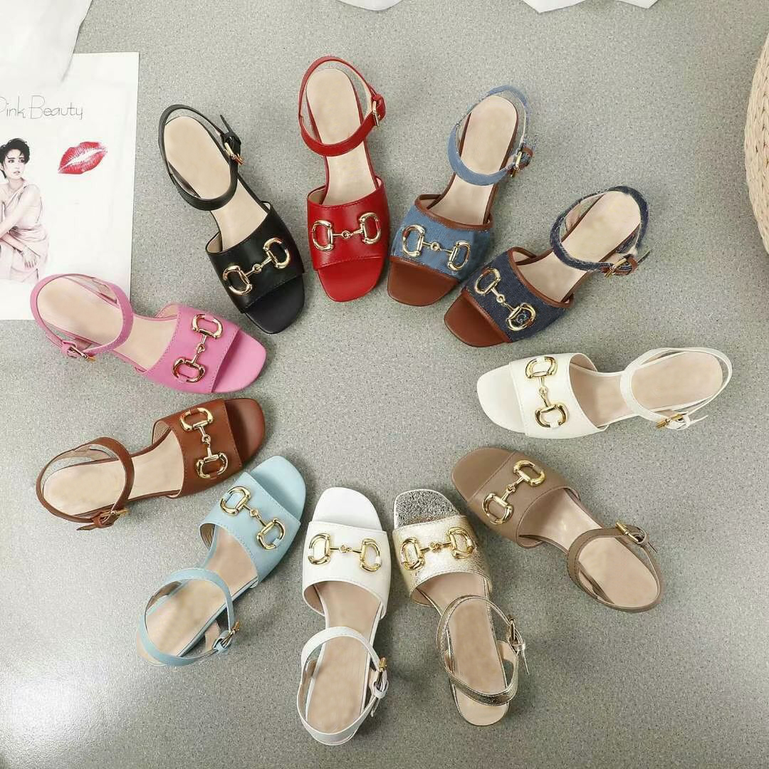 

2021 Summer Beach Casual Sandals fashion 100% leather Flat Belt buckle Women Shoes lady Metal cowhide letter Work shoe black white Large siz